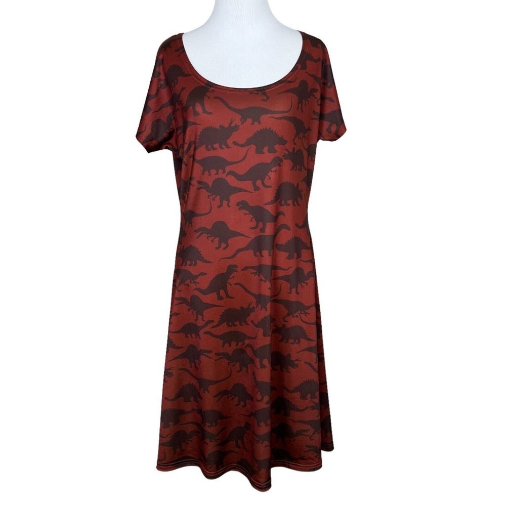 COWCOW Dress XL Brown Dinosaur Fit Flare Novelty Short Sleeve‎ A-Line Stretch